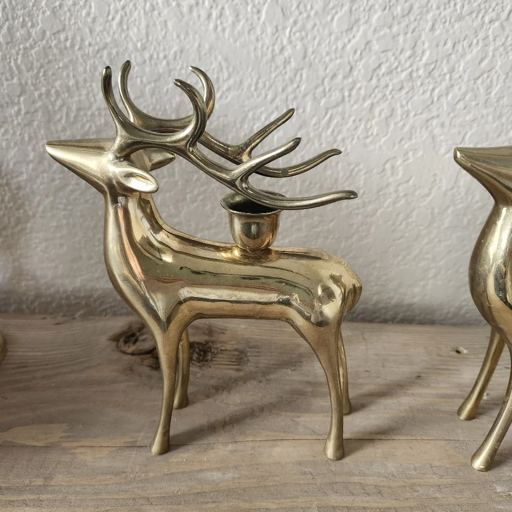 Lot of 2 Pottery Barn Brass Reindeer Candle Holders - Heavy Brass